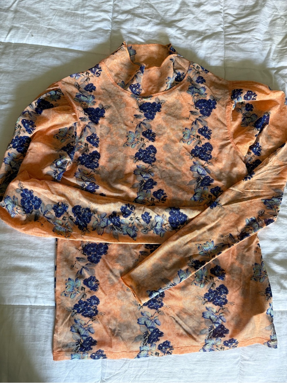 Free People Peach Floral Mesh Long Sleeve Top